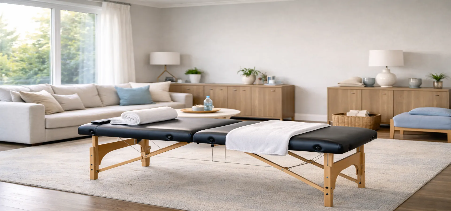 Mobile assisted stretching house call session in a calm home setting